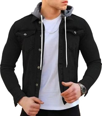 Generic Mens Hooded Denim Jacket Slim Fit Washed Casual Trucker Jean Jacket Long Sleeve Distressed Hybrid Hoodie Jackets for Men Black Medium