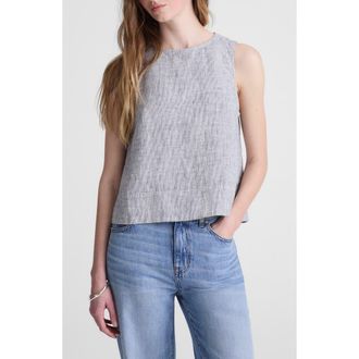Madewell Pleated Linen Shell Top in Black White Mini Stripe at Nordstrom, Size Xx-Large