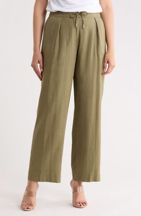 DKNY Pleated Linen Drawstring Wide Leg Pants in Light Fatigue at Nordstrom Rack, Size 12
