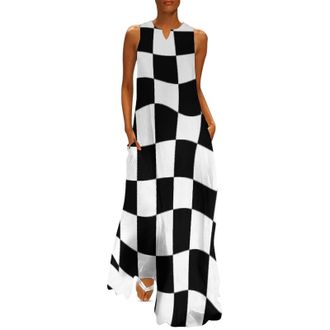Generic Black and White Checkered Pattern Trendy Maxi Dresses for Women Sleeveless Ankle Length Beach Sundress Summer 4XL