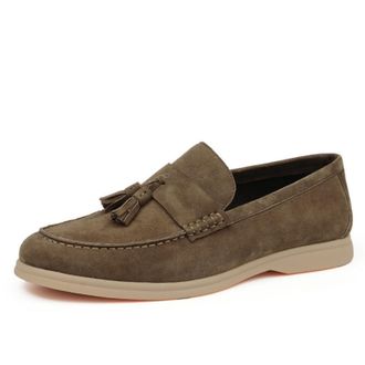 Generic Mens Slip on Tassel Loafers Round Toe Faux Suede Casual Shoes Low Block Heel Office Dress Shoes,Brown,8.5 UK