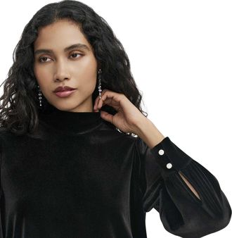 Finery Damesblouse van fluweel met hoge kraag en ballonmouwen (Zwart)