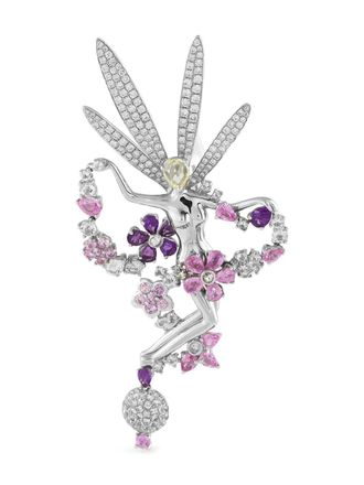 Luxury Bazaar 18K white gold Fairy diamond and sapphire brooch - women - 18kt White Gold/Diamond/Pink Sapphire - One Size - Silver
