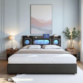 OEM Cama Cofre Doble 160x200 - Negro Pu - Almacenamiento Neum&aacute;tico - Led Rgb - Carga Usb/tipo-c