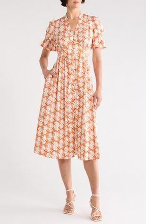 Diane Von F&uuml;rstenberg Erica Stretch Cotton Dress in Palm Geo Orange at Nordstrom Rack, Size 14