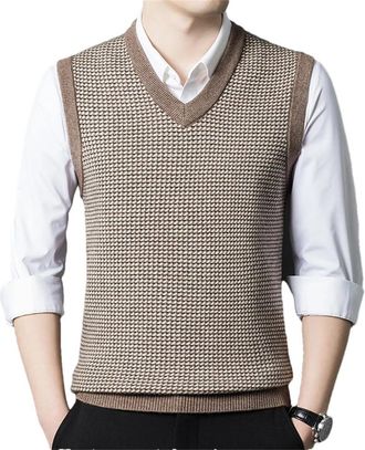 Generic Business Casual Jacquard Sweater Vest for Men Knitted V Neck Waistcoat Sleeveless Jumper Khaki L