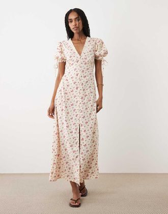 Miss Selfridge Vestito da giorno lungo a fiorellini vintage con bottoni-Multi