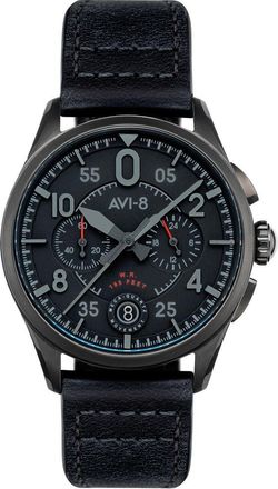 AVI-8 Spitfire Lock Slate Dial Chronograph Leather Strap Watch, 42mm in Black at Nordstrom