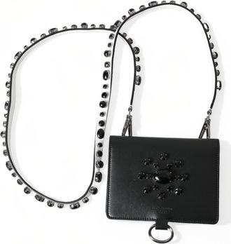 Dolce & Gabbana Black Leather Crystal Embellished Card Holder Womens Wallet