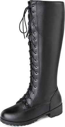 Generic Womens Fashion Lace Up Knee High Combat Boots Comfort Round Toe Low Block Heels Winter Motorcycle Shoes (Black,7.5)