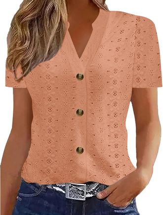 Generic Ladies Blouses, Vintage Floral Print Shirts Summer V Neck Short Sleeve Blouse Eyelet Embroidery T-Shirt Going Out Top for Women Causal Clothes Womens 