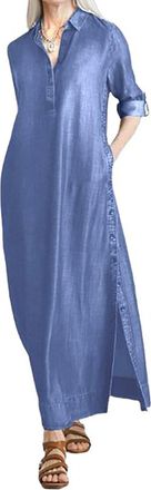 Generic Plus Size Denim Maxi Shirt Dress for Women Long Sleeve Lapel Casual Loose Long Jean Shirt Dresses