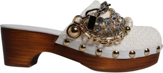 Dolce & Gabbana Witte Raffia Sandalen met Juwelenketting - Dames - Muiltjes - Wit - 35 1/2 EU - Katoen - Schoenen