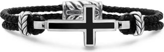 David Yurman Bracciale Exotic Stone Cross in argento sterling e pelle (3mm) - Nero