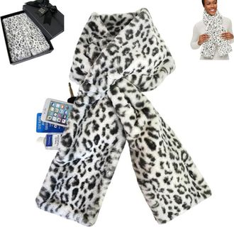 Generic Faux-Fur Pull Through Scarf With Hidden Zipper Pocket for Women, Fur Neck Collar Scarf Cozy Wrap Secure Concealed Storage (Snow Leopard)