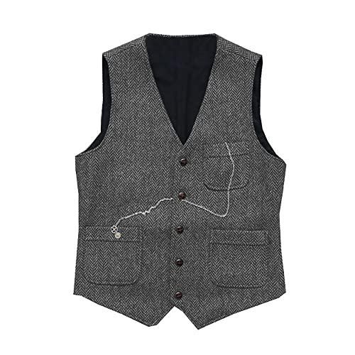 Gilet Homme Tweed Chevrons - Sans Manches, Col V, 5 Boutons, Pour Mariage Ou Cérémonie