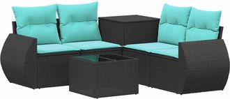 vidaXL Juego De Sof&aacute; 6 Uds. Negro Y Azul Rat&aacute;n Sint&eacute;tico Y Acero Vidaxl