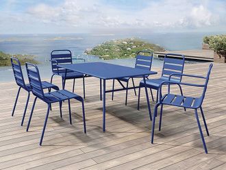 Vente-Unique Comedor de jard&iacute;n de metal: Mesa An. 160 cm con 2 sillones apilables y 4 sillas apilables azul noche - MIRMANDE