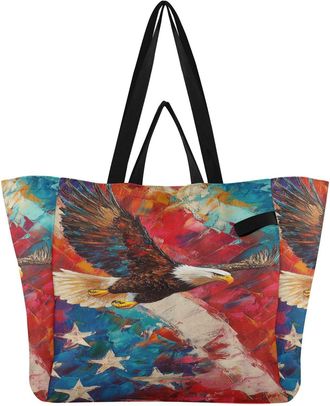 Generic Flag Colorful Hawk print Reusable Canvas Tote Bag, Heavy Duty Grocery Shopping Bag with Double Handles Hard Bottom Large Capacity Work Groceries Trave