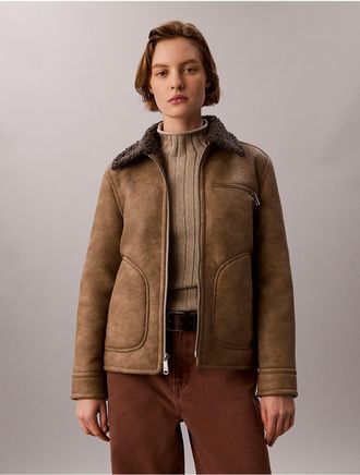 Calvin Klein Jeans Calvin Klein Womens Faux Shearling Aviator Jacket - Brown - M