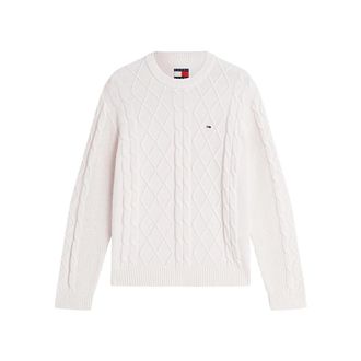 Tommy Jeans Flag Cable Knit Jumper - Heren - Ronde hals truien - Wit - S - Katoen - Truien & Vesten