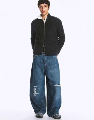 Weekday jeans a gamba larga e baggy con cavallo basso e dettaglio vissuto blu