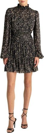 Monique Lhuillier Floral Long Sleeve Minidress in Jet Field Of Ditzies at Nordstrom, Size 4