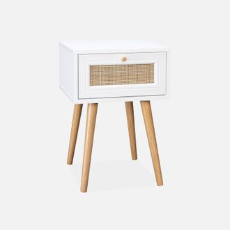 Sweeek Sweeek - Mesita De Noche Con Efecto Madera Y Ca&ntilde;a, 1 Caj&oacute;n, Boheme, Blanco Roto, 39x39x55.4 Cm