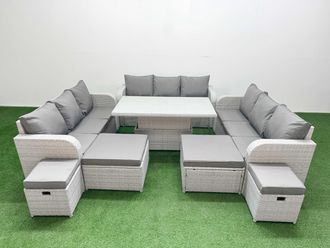 Fimous 8 Pieces Garden Rising Dining Table High Back Inclining Sofa Set in Light Grey