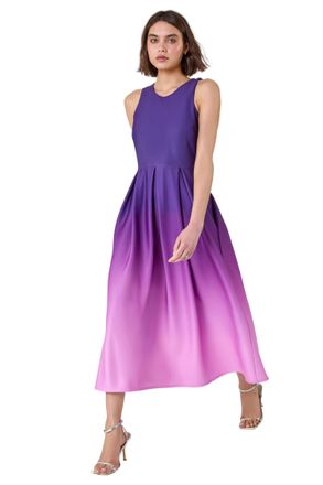 Roman Womens Ombre Pleated Luxe Stretch Midi Dress - Purple - Size 18 UK