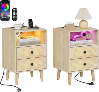 Woltu Woltu Juego De 2 Mesitas De Noche Con Iluminaci&oacute;n Led Ajustable, Estilo Bohemio, Con 2 Cajones Y 1 Compartimento Abierto Mesas Auxiliares Para Dormito