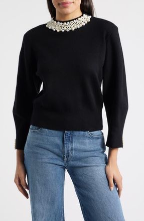 Nikki Lund Hepburn Beaded Collar Sweater in Black at Nordstrom, Size Medium