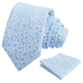 Alizeal Mens Floral Patterned Wedding Party Tie with Pocket Square 8cm Colorful Classic Business Tie Set, Baby Blue-A