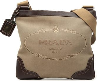 Prada Beige Brown Canvas Leather Shoulder Bag (Pre-Owned)