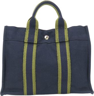 Herm&egrave;s Navy Olive Canvas Tote Bag (Pre-Owned)
