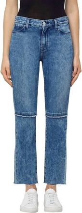 J Brand Ruby Frayed Cropped Straight Raw Hem High Rise Jeans In Blue