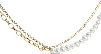 House of Brilliance 18K Yellow Gold Vermeil Cultured Pearl Strand Necklace with Rolo and Paperclip Chain
