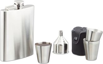 Relaxdays Juego De Petacas De 200 Ml, 5 Embudos, 20 Vasos Y Funda, Acero Inoxidable Y Cuero, 35 Piezas, Plateado