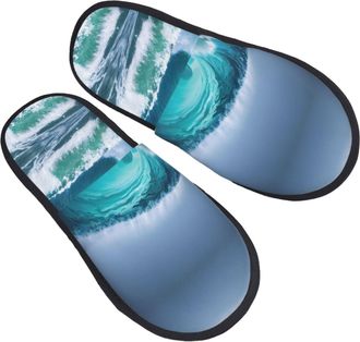 Generic Breathable Fluffy Slipper Ocean Wave print Mens Slipper Cosy Womens Slippers for Travel Bedroom Indoor M