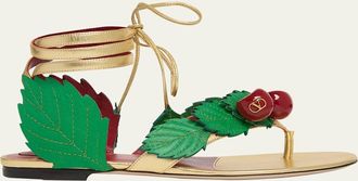 Valentino Garavani VLogo Cherry Leather Ankle-Tie Thong Sandals