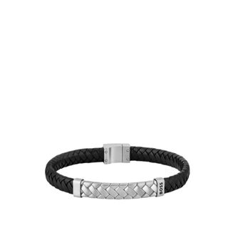 BOSS Black braided leather cuff with herringbone hardware