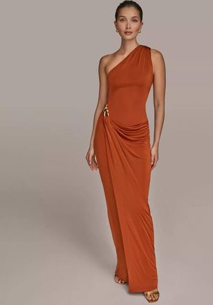 DKNY Womens Asymmetric Slinky-Knit Gown In Orange
