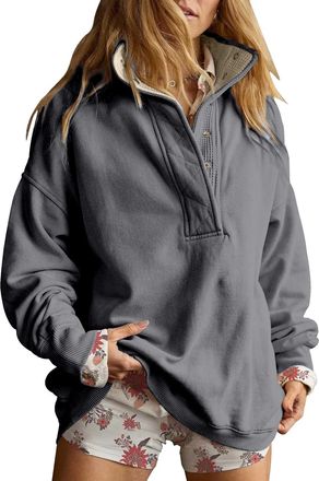 Generic Shffuw Sweatshirts for Women Uk Quarter Button Oversized Casual Long Sleeve Henley Neck Pullover Tops Ladies V Neck Warm Comfort Baggy Cotton Sweatshi