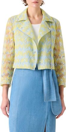 Akris Scribble Embroidered Sheer Tulle Biker Jacket in Lemon Zing-Sky Blue at Nordstrom, Size 10