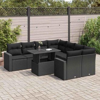 vidaXL Set De Sof&aacute;s De Jard&iacute;n Con Cojines 9 Pzas Rat&aacute;n Sint&eacute;tico Negro Vidaxl