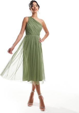 Lace & Beads Bridesmaid one-shoulder tulle midi dress in soft olive-Green
