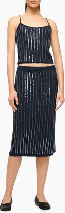 Staud Mimi Sequin Midi Skirt In Navy