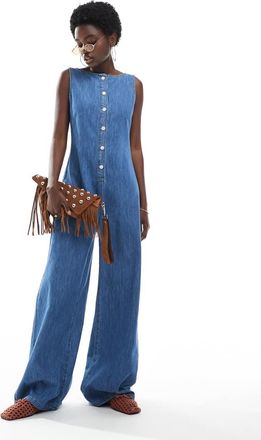 Asos Tuta jumpsuit con scollo a barchetta in denim blu medio