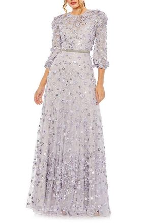 Mac Duggal Womens Floral Applique Puff Sleeve High Neck A-Line Gown in Lavender at Nordstrom, Size 20