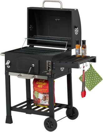 Relaxdays Barbecue Carbonella con Ruote e Coperchio, Griglia a Carbone, Grill bbq, Altezza Regolabile, Nero Argentato - Relaxdays
